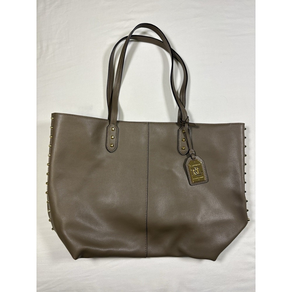 Lauren Ralph Lauren Taupe Pebbled Leather Studded Tote Shoulder Bag Zip Top RLL